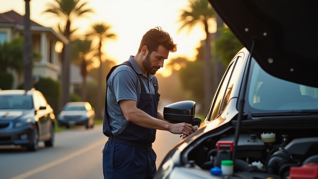 he mechanic is inspecting the engine, and the car has its hood open. The scene should convey a sense of convenience and professionalism, with the mechanic carrying all the necessary tools to complete the job on-site, in a relaxed but efficient manner