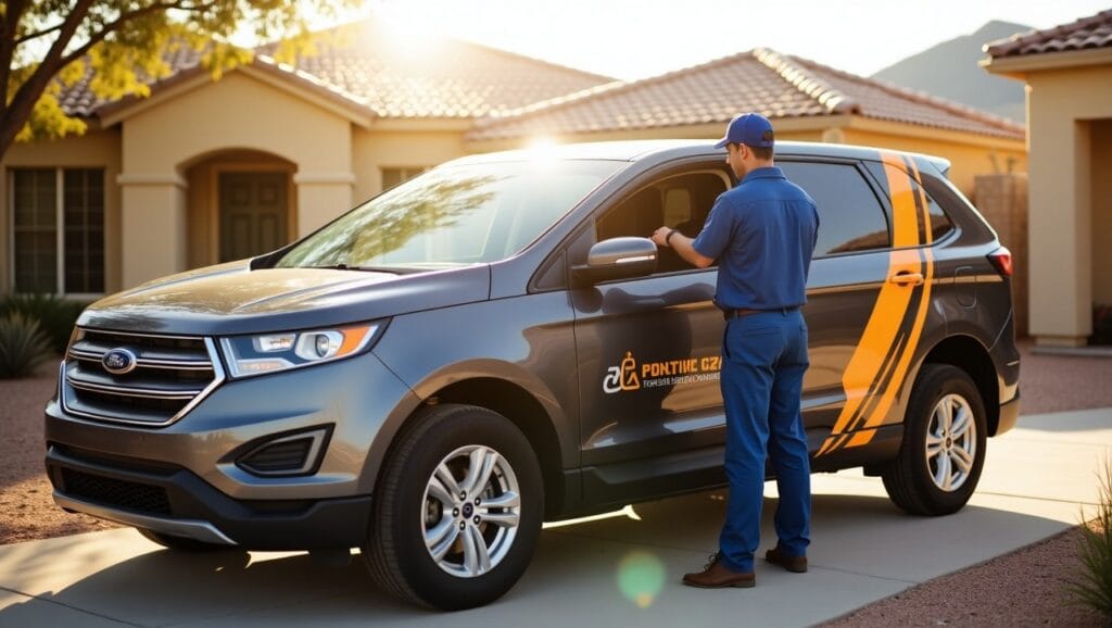 A mobile mechanic diagnosing a car that won’t start in Port St. Lucie, FL. The mechanic is parked on a residential street with palm trees and sunshine in the background.