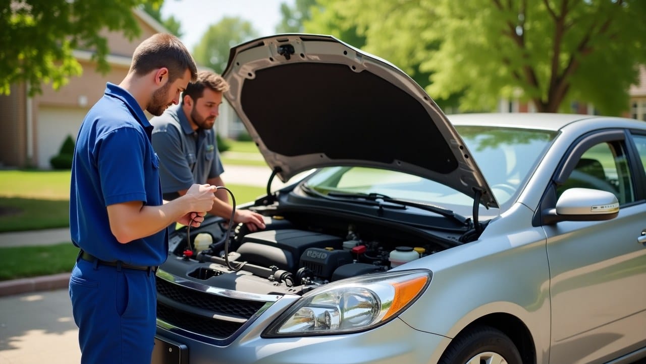 A professional mobile mechanic servicing a car in a sunny Port St. Lucie driveway. The mechanic wears a branded uniform and uses diagnostic tools, with palm trees and suburban homes in the background. The vehicle hood is open and tools are neatly arranged nearby