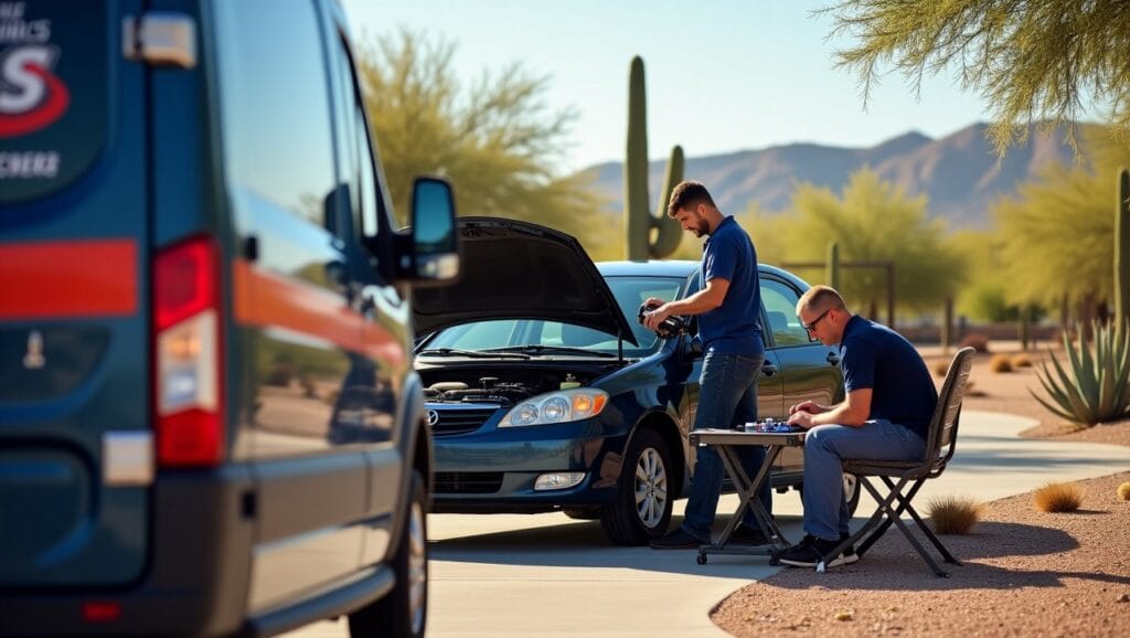 A professional mobile mechanic servicing a car in a sunny Port St. Lucie driveway. The mechanic wears a branded uniform and uses diagnostic tools, with palm trees and suburban homes in the background.